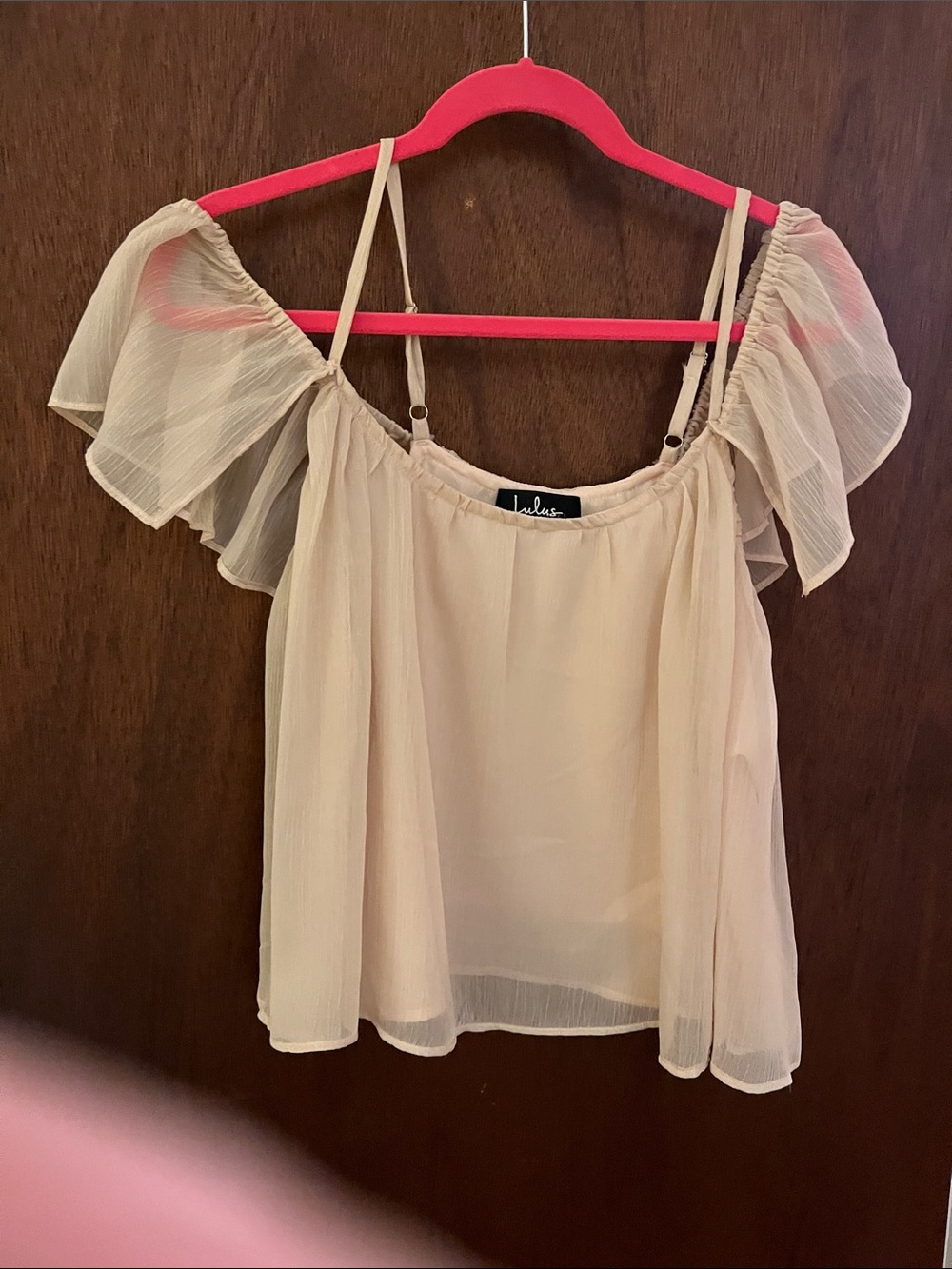 Lulu's Pale Blush Off-Shoulder Ruffle Chiffon Top